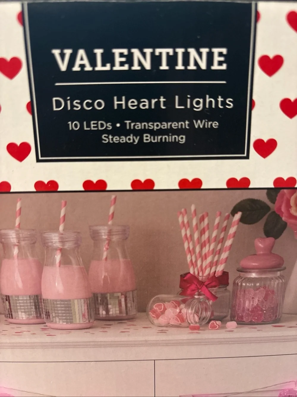 Pink Disco Hearts String Lights 10 LED 5.5ft Valentine home party decor new